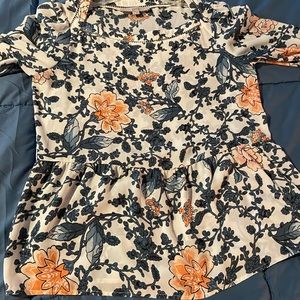 LOFT LONG SLEEVE WHITE BLUE & PEACH FLOWY PEPLUM BABYDOLL TOP BLOUSE SZ EX SMALL